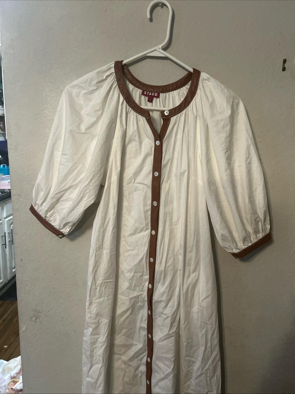 STAUD White Maxi Button-Front Dress with Brown Trim - Picture 4 of 4